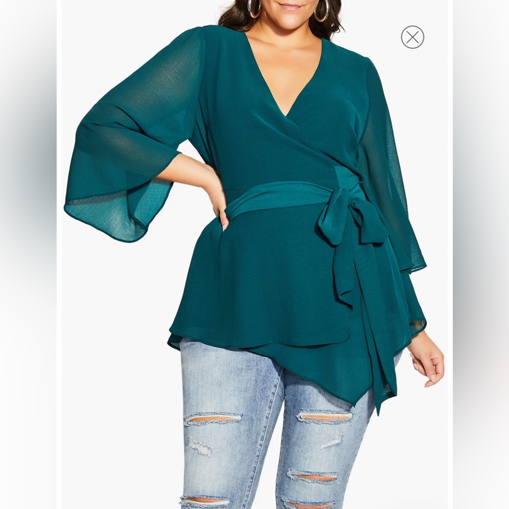 City Chic Arya Asymmetric Long Sleeve Side Tie Blouse size small/16 alpine green